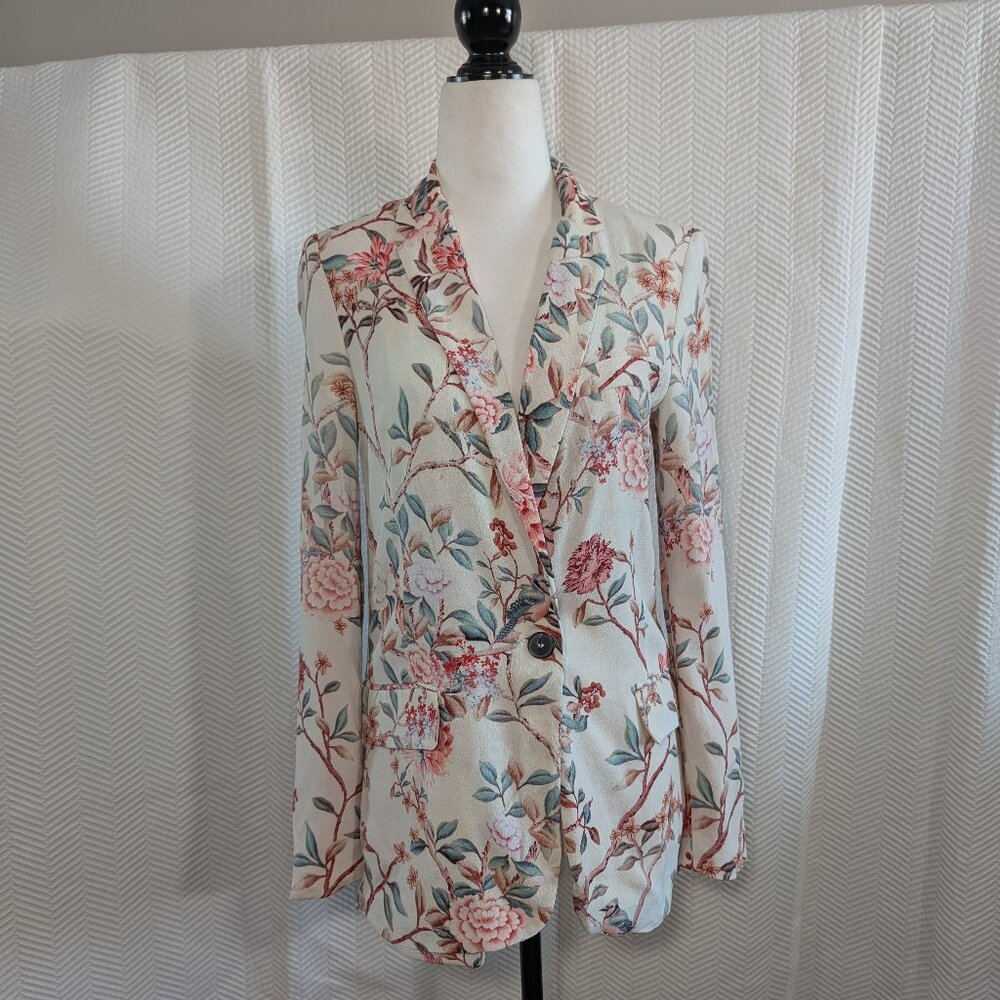 Zara Woman Floral & Blue Jay Print Blazer Spring Lightweight Feminine Size XS